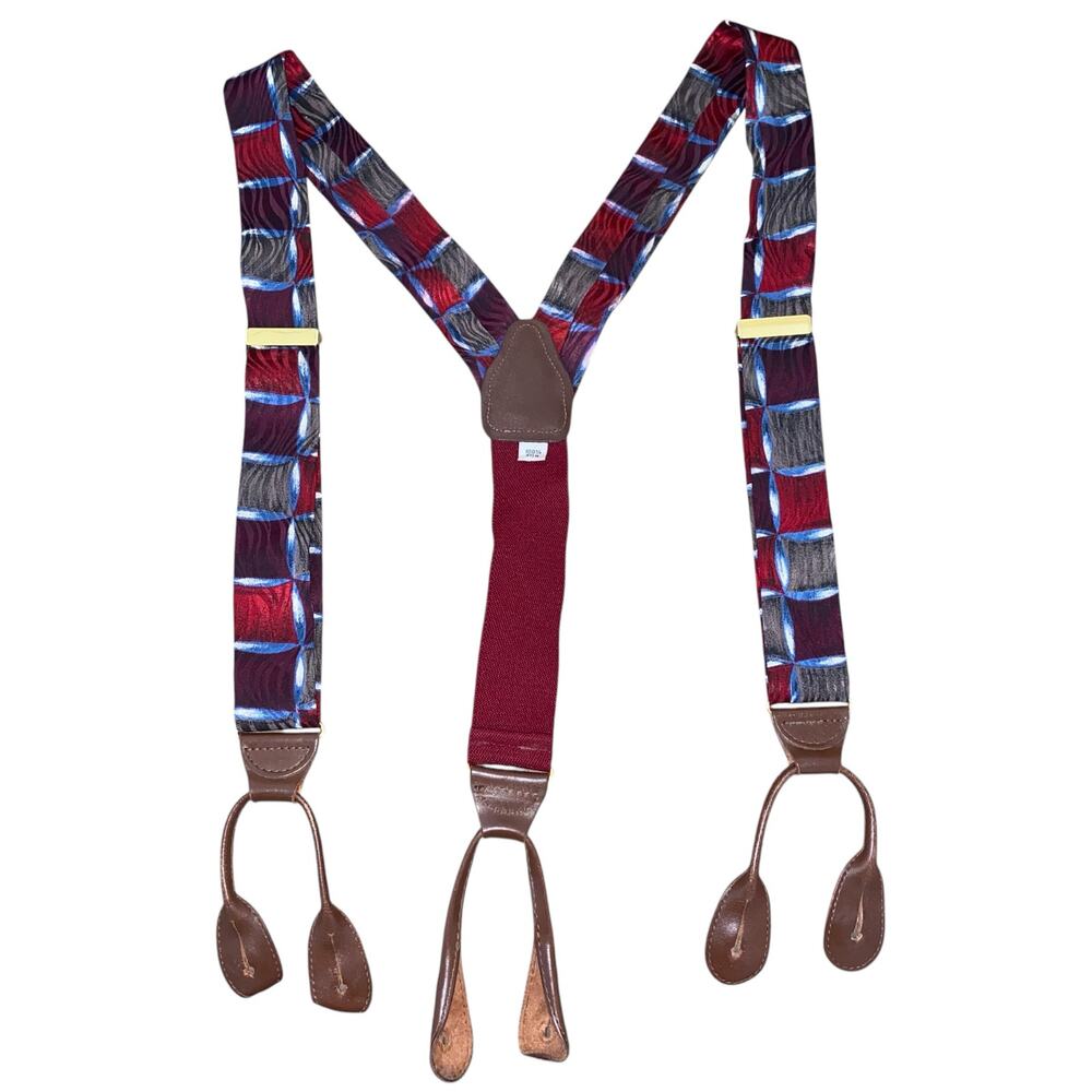 Vintage Y-Shaped 100% Silk Abstract Print Adjustable Suspenders Burgundy Blue
